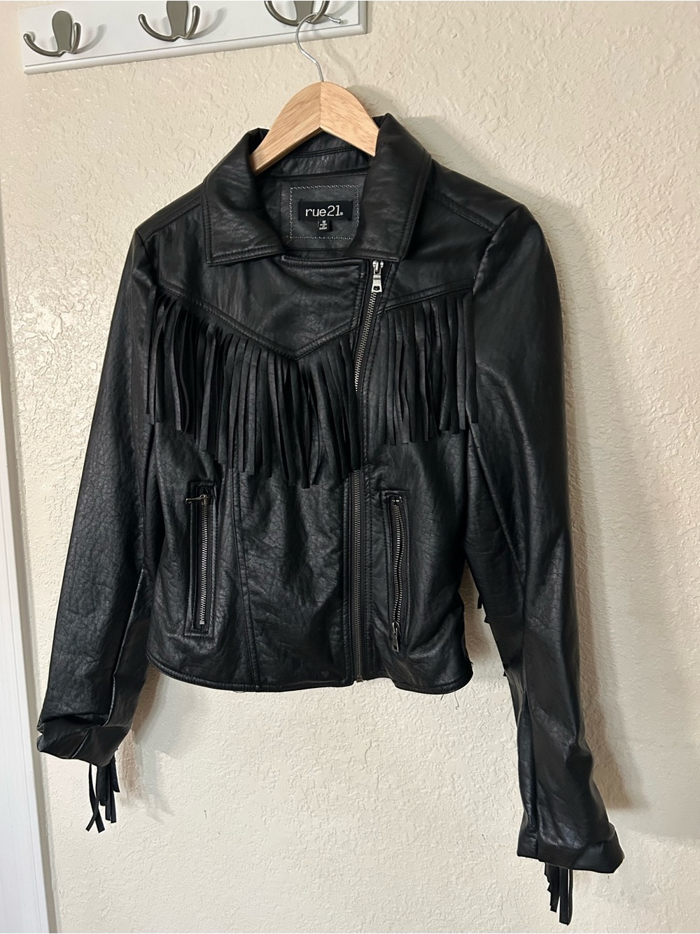 Rue21 Black Faux Leather Fringe Moto Jacket